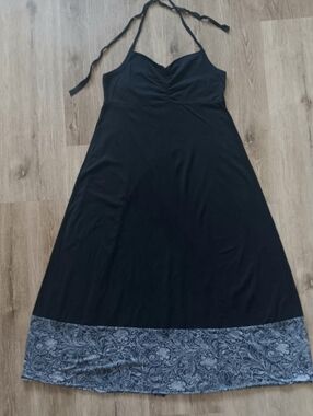 Wild at Heart Halter Maxi Dress XL Navy Grey Floral Ruffle Hem Y2k Boho Festival